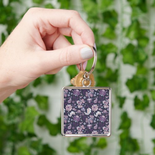 Purple Background Big Floral Seamless Pattern Keychain