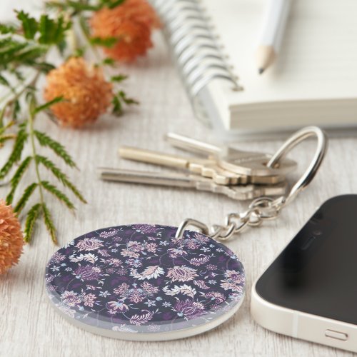 Purple Background Big Floral Seamless Pattern Keychain