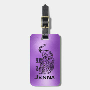 Purple Background & Cute Tribal Floral Elephant Luggage Tag