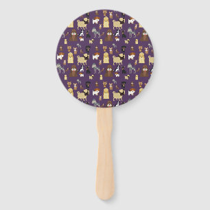 purple background dogs pattern. hand fan