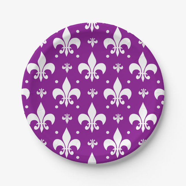 Purple Background Fleur-de-lis Pattern Design  Paper Plates (Front)