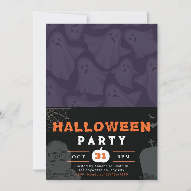 Purple Background w/ White Ghosts Black Halloween Invitation (Front)