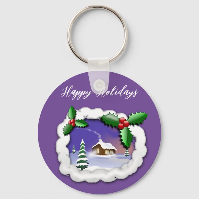  Purple Background with Christmas Tree, House Keychain (Front)