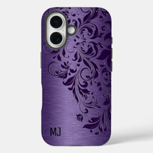 Purple Background With Deep Purple Floral Lace iPhone 16 Case