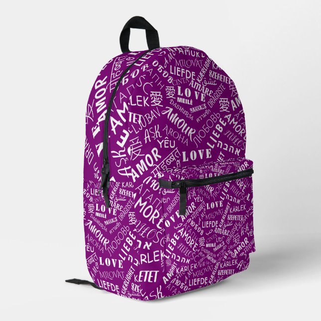 Purple Backpack with Multilingual Love Text (Back Corner Left)