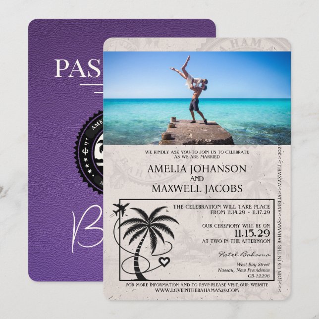 Purple Bahamas Passport Wedding Invitation (Front/Back)