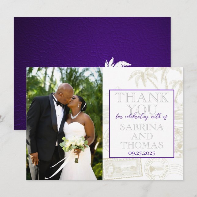 Purple Bahamas Wedding Photo Thank You (Front/Back)
