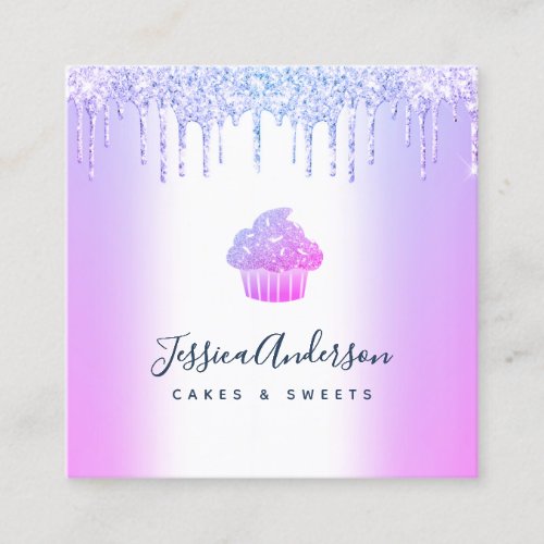 Purple Bakery Cupcake Pastry Chef Glitter Drips Sq Square Business Card
