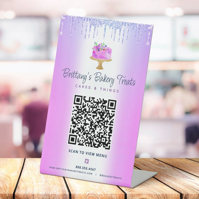 Purple Bakery QR Code Scan Menu Cake Glitter Drips Pedestal Sign (Creator Uploaded)