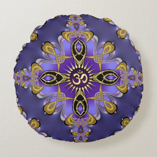 Purple Balance OM Mandala Spiritual Yoga  Round Pillow (Front)