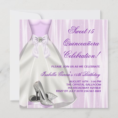 Purple Ball Gown High Heel Shoes Quinceanera Invitation