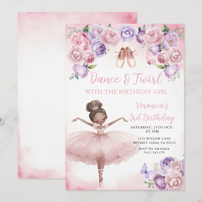 Purple Ballerina 3rd Birthday Invitation (Front/Back)