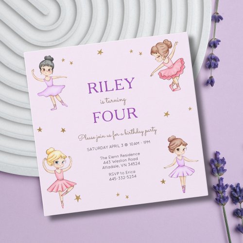 Purple Ballerina Girls Birthday Party Invitation