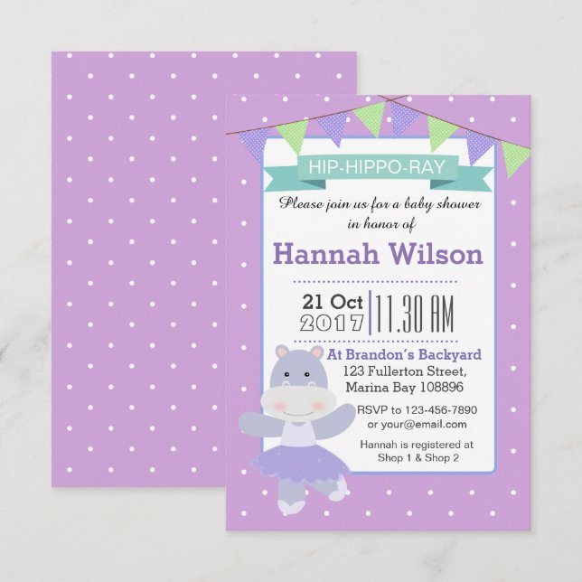 Purple Ballerina Hippo Baby Shower invitation (Front/Back)