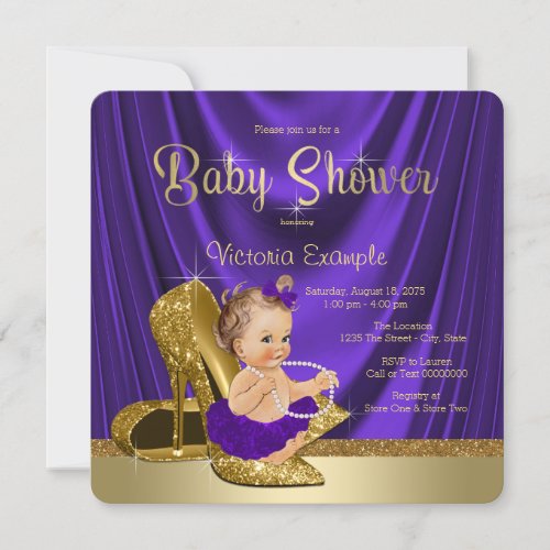 Purple Ballerina Pearls Gold Shoe Baby Shower Invitation