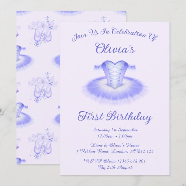 Purple Ballet Birthday Tutu Watercolour Invitation (Front/Back)