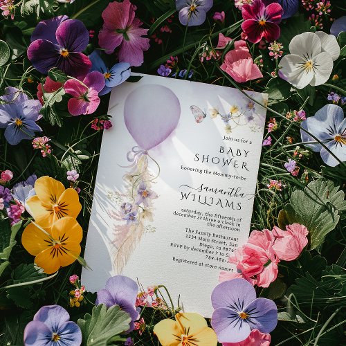Purple Balloon Bloom Wildflower Baby Shower Invitation