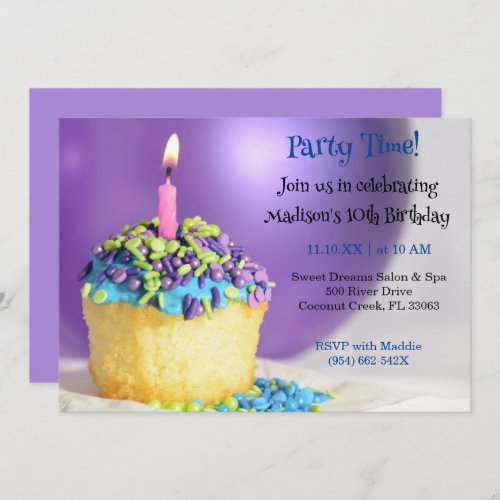 Purple  Balloon blue cupcake Birthday Invitation