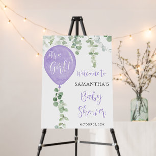 Purple balloon eucalyptus baby shower welcome sign