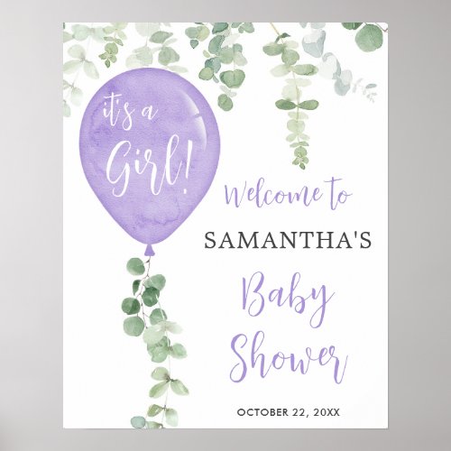 Purple balloon eucalyptus baby shower welcome sign