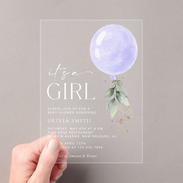 Purple Balloon, Eucalyptus, Greenery, Baby Shower Acrylic Invitations (Insitu (Handheld))