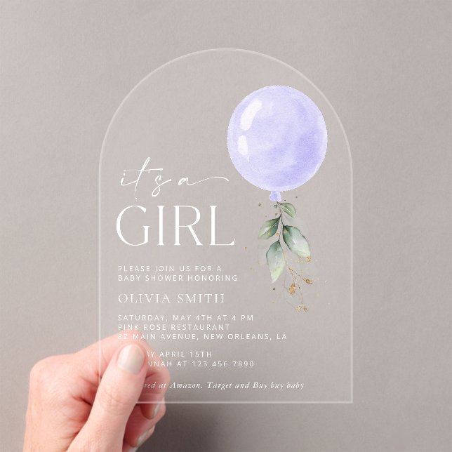 Purple Balloon, Eucalyptus, Greenery, Baby Shower Acrylic Invitations (Insitu (Handheld))