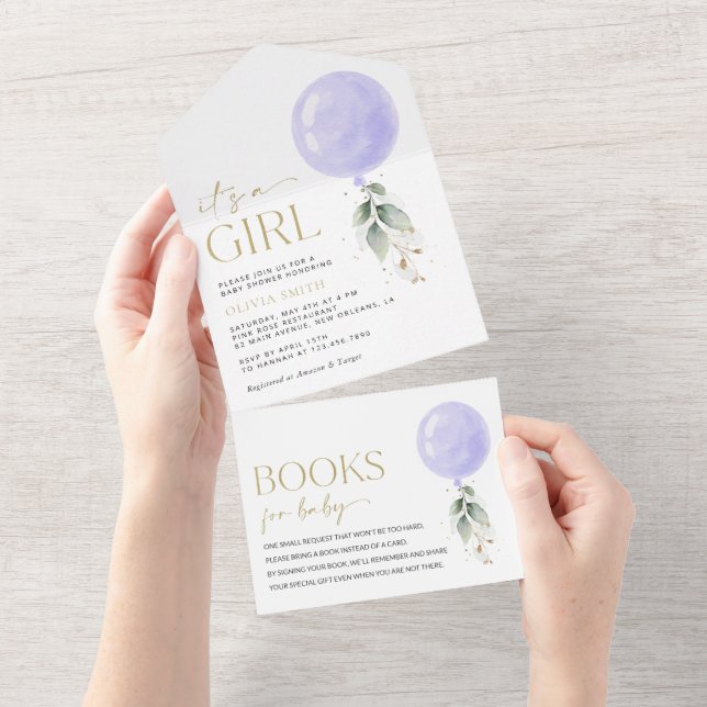 Purple Balloon, Eucalyptus, Greenery, Baby Shower All In One Invitation (Tearaway)