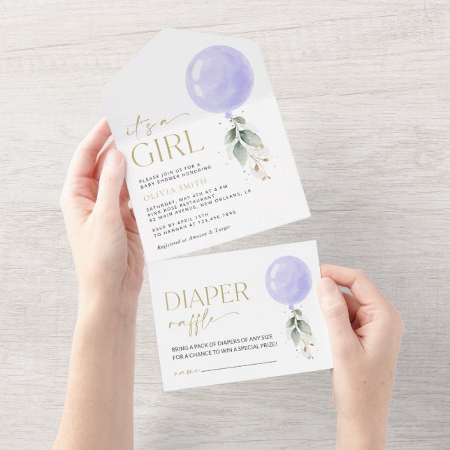 Purple Balloon, Eucalyptus, Greenery, Baby Shower All In One Invitation (Tearaway)