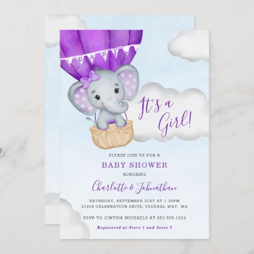 Purple Balloon Girl Elephant Baby Shower Invitation
