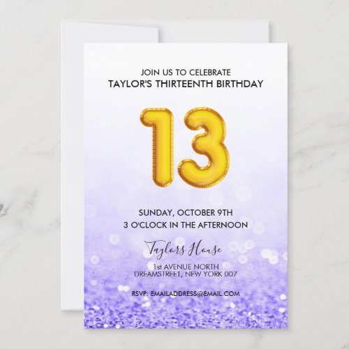 Purple Balloon Glitter 13th Birthday Party Invitation