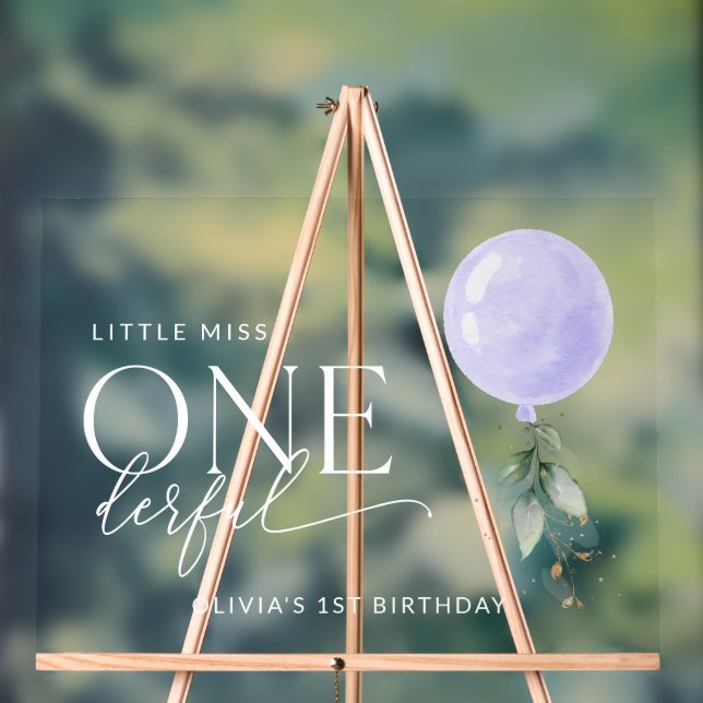Purple Balloon, Greenery, First Birthday Welcome Acrylic Sign (Neutral)
