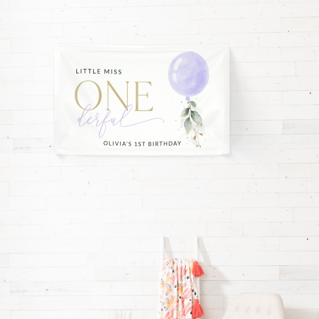 Purple Balloon, Greenery, First Birthday Welcome Banner (Insitu)