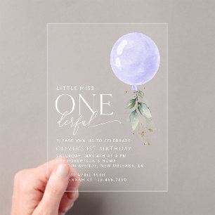 Purple Balloon, Greenery, Foliage, First Birthday Acrylic Invitations