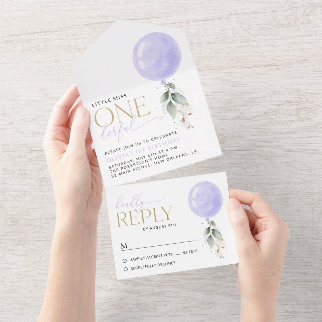 Purple Balloon, Greenery, Foliage, First Birthday All In One Invitation (Tearaway)
