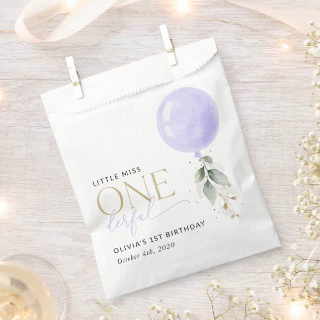 Purple Balloon, Greenery, Foliage, First Birthday Favor Bag (Clipped)