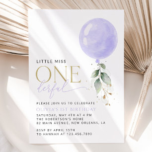 Purple Balloon, Greenery, Foliage, First Birthday Invitation