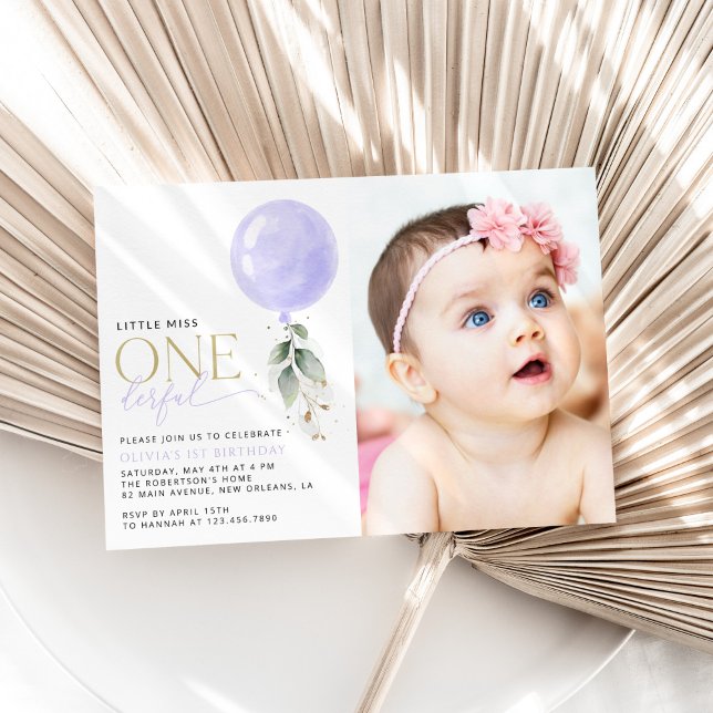 Purple Balloon, Greenery, Foliage, First Birthday Invitation (Creator Uploaded)