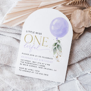Purple Balloon, Greenery, Foliage, First Birthday Invitation