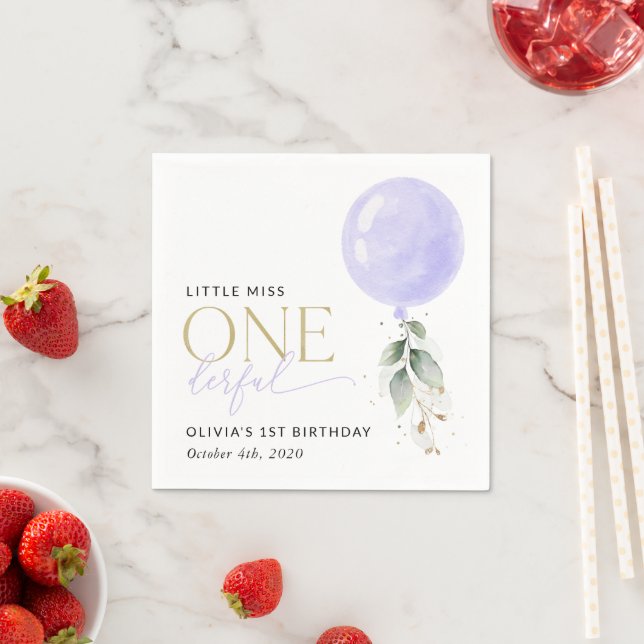 Purple Balloon, Greenery, Foliage, First Birthday Napkins (Insitu)
