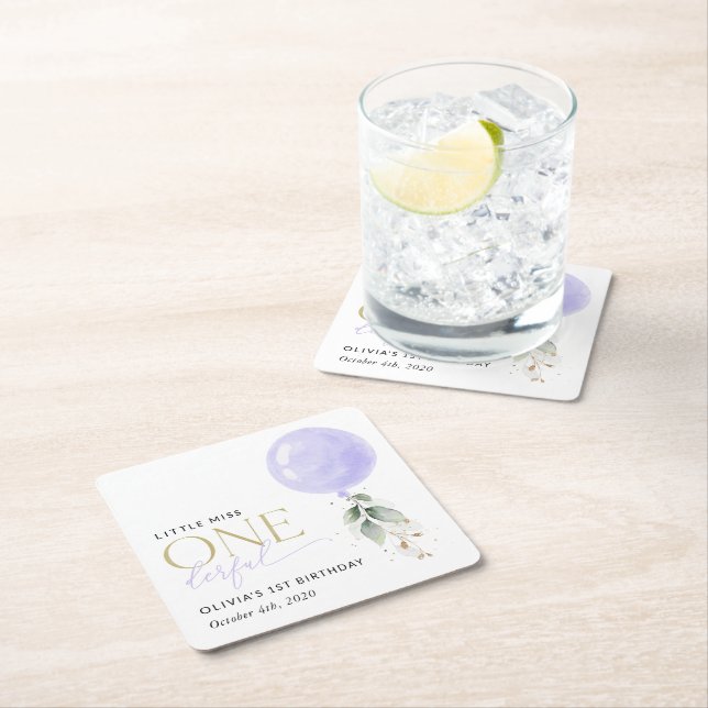 Purple Balloon, Greenery, Foliage, First Birthday Square Paper Coaster (Insitu)