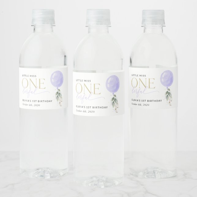 Purple Balloon, Greenery, Foliage, First Birthday Water Bottle Label (Bottles)