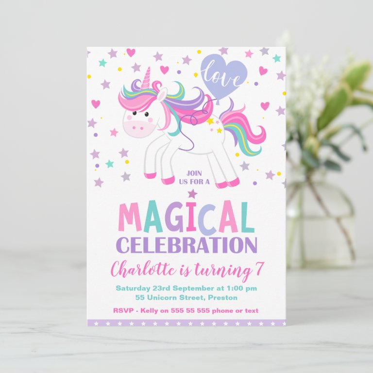 Purple Balloon Unicorn 1st Birthday Invitation