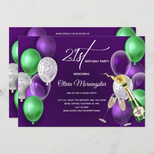Purple Balloons 21st Birthday Photo Invitation