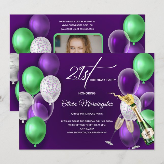Purple Balloons 21st Birthday Photo  Invitation (Front/Back)