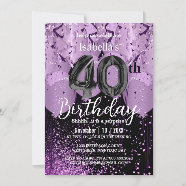 Purple Balloons and Glitter 40th Birthday Invitation (Front)
