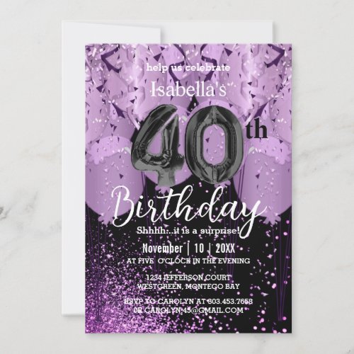 Purple Balloons and Glitter 40th Birthday Invitation