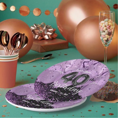 Purple Balloons and Glitter 40th Birthday Paper Plates