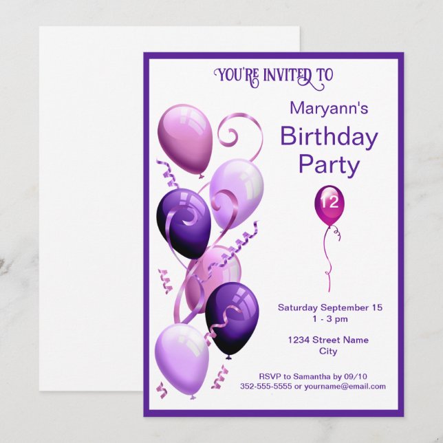 Purple Balloons Birthday Party Invitation (Front/Back)