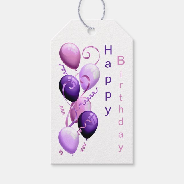 Purple Balloons, Happy Birthday Gift Tags (Front)
