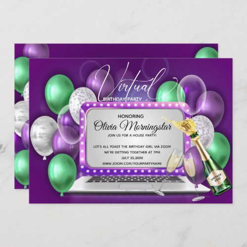 Purple Balloons Laptop Virtual Birthday Party Invitation